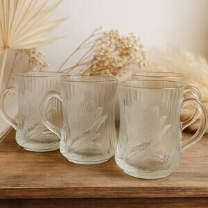 Arcoroc Canterbury Crocus Embossed Clear Glass Coffee Mugs Set of 4